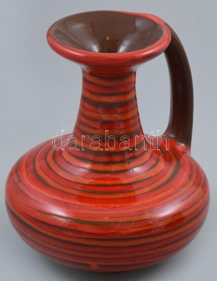 Retro mázas kerámia, füles váza, kézzel festett, jelzett, hibátlan, m: 19 cm
