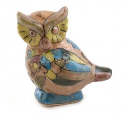 Mázas kerámia bagoly, kézzel festett, jelzés nélkül, kisebb kopásnyomokkal, mázrepedésekkel, m: 11,5 cm