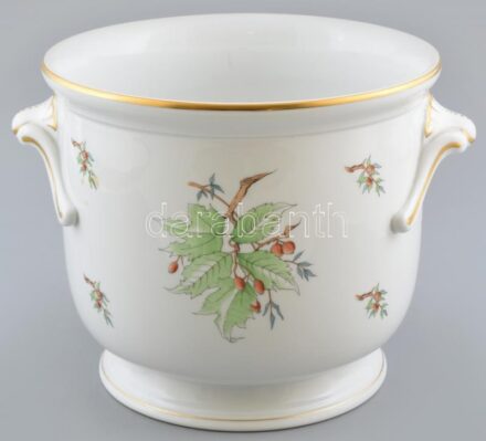 Herendi csipkebogyó mintás óriás porcelán kaspó. Kézzel festett, jelzett, hibátlan. d: 30 cm, m: 20,5 cm