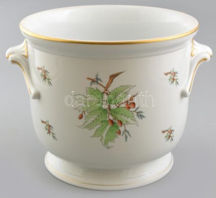 Herendi csipkebogyó mintás óriás porcelán kaspó. Kézzel festett, jelzett, hibátlan. d: 30 cm, m: 20,5 cm
