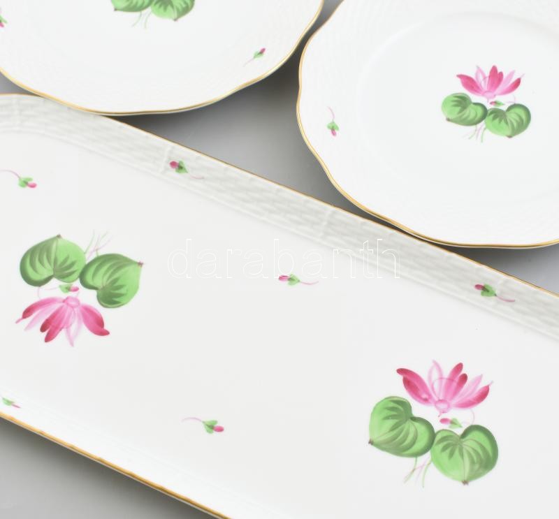 Herendi virág mintás 5 személyes szendvicses készlet. Kézzel festett, jelzett, kopott, egyik tányér repedt. d: 20 cm, 50x17,5 cm - Image 2