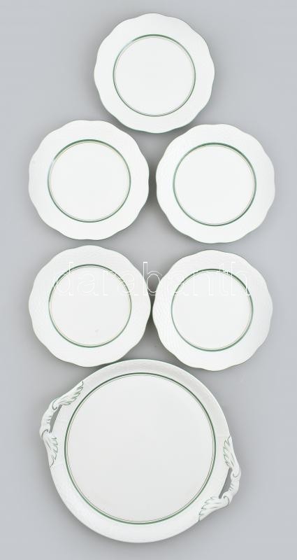 Herendi kosár nyomott zöld-arany festett, 5 személyes süteményes készlet. Kézzel festett, jelzett, hibátlan. d: 19-33 cm