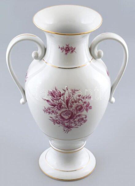 Hollóházi monumentális füles váza, matricás porcelán, hibátlan. Jelzett, m: 42cm