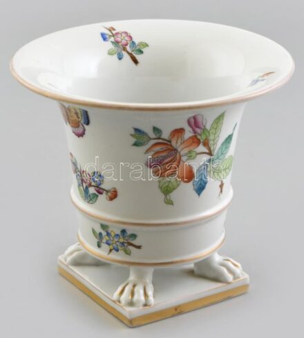 Herendi Viktória mintás, oroszlán karmos kaspó, kézzel festett, kopott, jelzett (1940), ritka, m:13 cm, d:14,5 cm