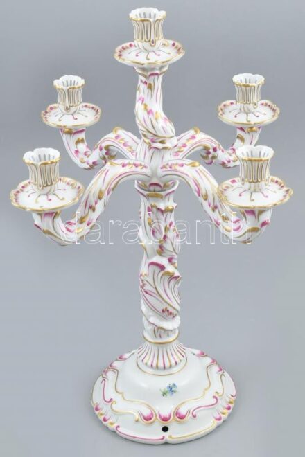 Herendi ötágú gyertyatartó, kézzel festett porcelán, jelzett, hibátlan, m:47,5cm