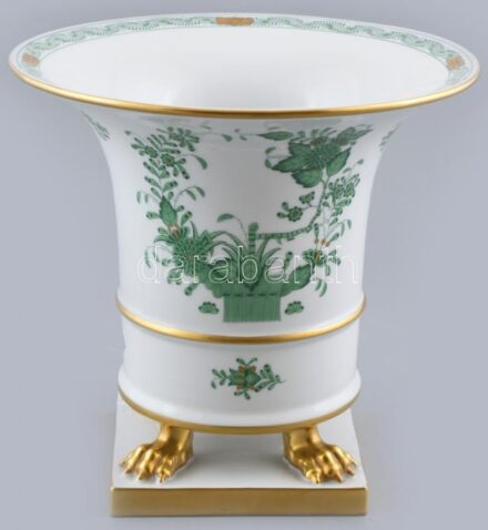 Herendi zöld indiai kosaras, oroszlán körmös váza, kézzel festett porcelán, jelzett, kopásnyomokkal, m:19,5cm