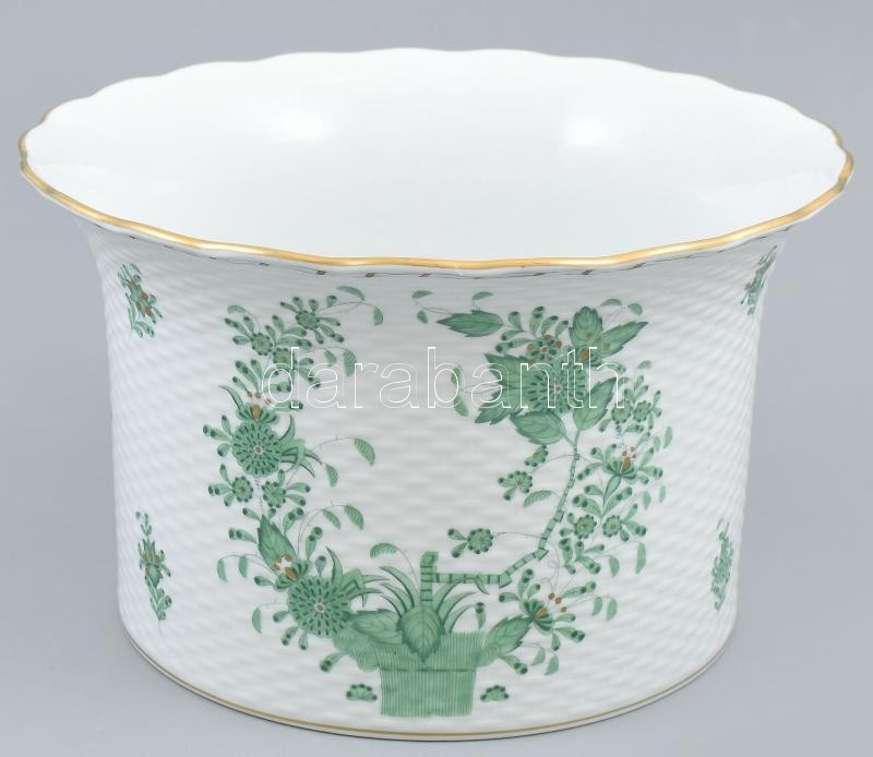 Herendi zöld indiai kosár mintás, kosárnyomott óriás porcelán kaspó. Kézzel festett, jelzett, hibátlan. d: 26 cm, m: 16 cm