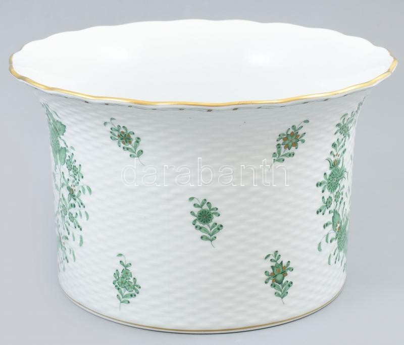 Herendi zöld indiai kosár mintás, kosárnyomott óriás porcelán kaspó. Kézzel festett, jelzett, hibátlan. d: 26 cm, m: 16 cm - Image 2