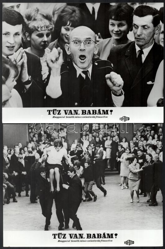 cca 1967 ,,Tűz van babám' című csehszlovák film jelenetei és szereplői, 8 db vintage produkciós filmfotó, ezüst zselatinos fotópapíron, 18x24 cm