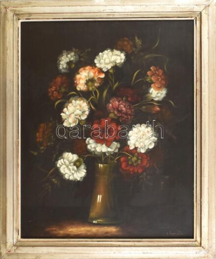 Vízer Julia (1945-): Virágcsendélet. Olaj, farost, jelzett. Dekoratív, kissé kopott fakeretben. 50x40 cm