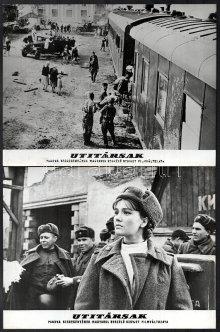 cca 1966 ,,Útitársak' című szovjet háborús film jelenetei és szereplői, 19 db vintage produkciós filmfotó, ezüst zselatinos fotópapíron, a film egy kórházvonatról, az orvosok és katonák sorsáról szól, 18x24 cm