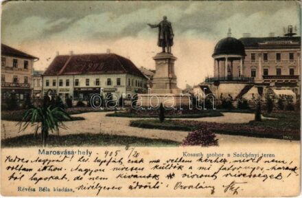 1905 Marosvásárhely, Targu Mures; Kossuth szobor a Széchenyi téren, Bodor kút, Bartscht Károly, Henning Károly, Rajk Károly üzlete, Babos Egyed sörraktára, Takarékpénztár, gyógyszertár. Révész Béla kiadása / square, monument,