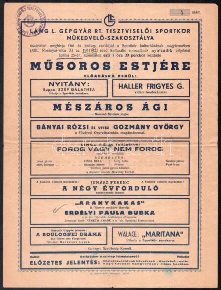 1942 Bp., Láng L. Gépgyár Rt. tisztviselői sportkör műkedvelő-szakosztályának meghívója műsoros estre, kisplakát, számozott, bélyegzővel, hajtva, apró szakadással, 31x23,5 cm