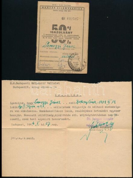 1964 MÁV kedvezményes (50%) igazolvány hegesztő munkás részére + munkáltatói igazolás