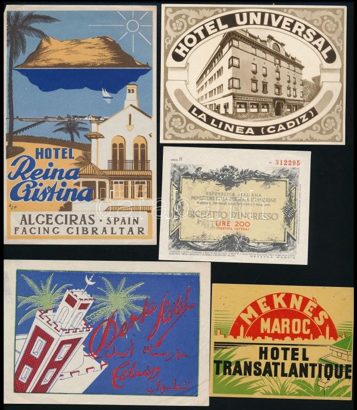 cca 1930-1940 5 db külföldi bőröndcímke