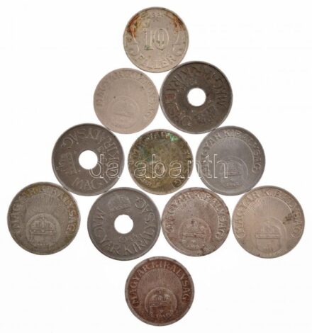 1926-1938. 10f Cu-Ni (3xklf) + 1926-1938. 20f Cu-Ni (2xklf) + 1940-1942. 10f Fe (3xklf) + 1941-1944. 20f Fe lyukas (3xklf) T:2,2- patina, ph, ü.