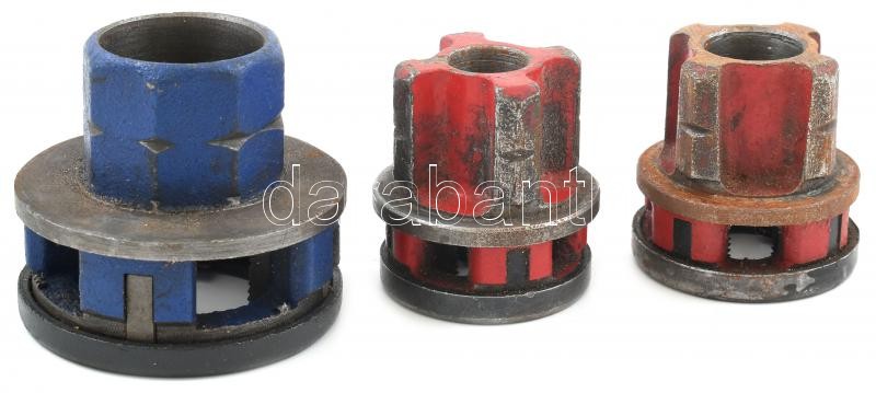 3 db metszőfej: DIN EN 10226 Whitworth, 41,9 mm, 1-1/4' + DIN 2999 Whitworth, 1/2' jobb + DIN 2999 Whitworth, 3/4' jobb, mind kopott