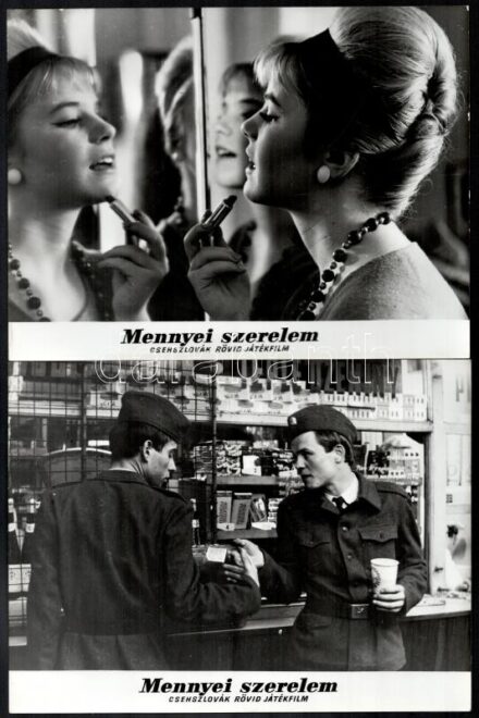 1965 ,,Mennyei szerelem' című csehszlovák film jelenetei és szereplői, 17 db vintage produkciós filmfotó, ezüst zselatinos fotópapíron, 18x24 cm