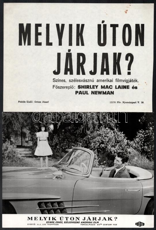 1964 ,,Melyik úton járjak?' című amerikai film jelenetei és szereplői (köztük Shirley MacLaine, Paul Newman), 9 db vintage produkciós filmfotó, ezüst zselatinos fotópapíron, + hozzáadva egy szöveges kisplakát, 18x24 cm