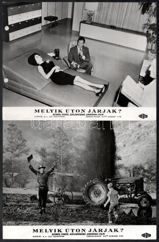 1964 ,,Melyik úton járjak?' című amerikai film jelenetei és szereplői (köztük Shirley MacLaine, Paul Newman), 9 db vintage produkciós filmfotó, ezüst zselatinos fotópapíron, + hozzáadva egy szöveges kisplakát, 18x24 cm - Image 2