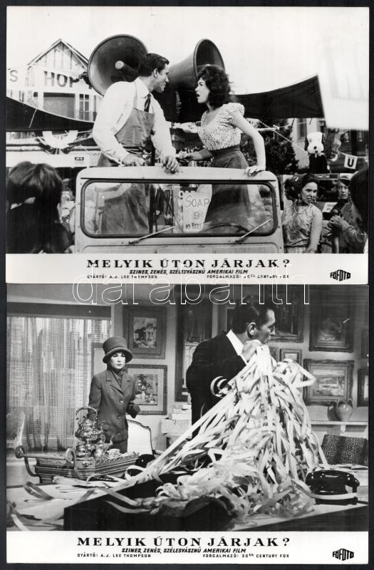 1964 ,,Melyik úton járjak?' című amerikai film jelenetei és szereplői (köztük Shirley MacLaine, Paul Newman), 9 db vintage produkciós filmfotó, ezüst zselatinos fotópapíron, + hozzáadva egy szöveges kisplakát, 18x24 cm - Image 3