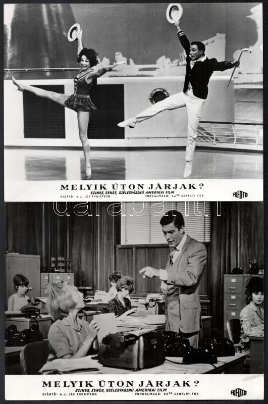 1964 ,,Melyik úton járjak?' című amerikai film jelenetei és szereplői (köztük Shirley MacLaine, Paul Newman), 9 db vintage produkciós filmfotó, ezüst zselatinos fotópapíron, + hozzáadva egy szöveges kisplakát, 18x24 cm - Image 4