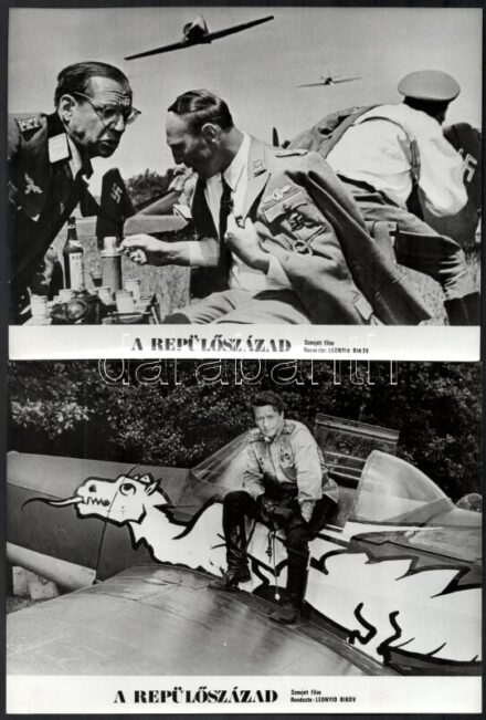 cca 1975 ,,A repülőszázad' című szovjet film jelenetei, szereplői és repülőgépei, 6 db vintage produkciós filmfotó, ezüst zselatinos fotópapíron, 18x24 cm