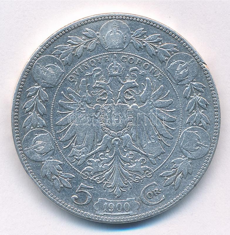 Ausztria 1900. 5K Ag 'Ferenc József' T:2- patina, ph, karc Austria 1900. 5 Corona 'Franz Joseph' C:VF patina, edge error, scratched Krause KM#2807 - Image 2