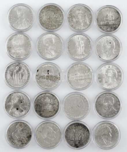 Ausztria 1955-1973. 25Sch Ag (20x ebből 19xklf) emlékkiadások T:1,1-,2 néhány darabon patina Austria 1955-1973. 25 Schilling Ag (20x with 19xdiff) commemorative issues C:UNC,AU,XF