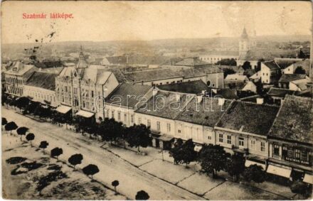 1912 Szatmárnémeti, Szatmár, Satu Mare; látkép, Szatmári Bank, Stark divatáruháza, üzletek. Lővy kiadása / general view, bank, fashion store, shops (EK)