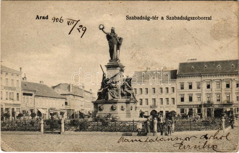 1906 Arad, Szabadság tér a Szabadság szoborral, Herbstein Mór, Frischmann József, Weigl Adolf és Társa, Schwarz Testvérek üzlete. Kerpel Izsó kiadása / square, monument, shops (EK)