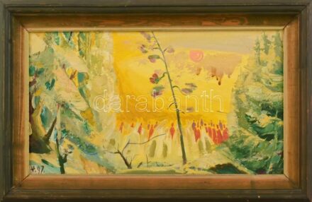 Veres Péter (1943-2004): Társaság. Olaj, farost, jelzett, fakeretben, 20×36 cm.