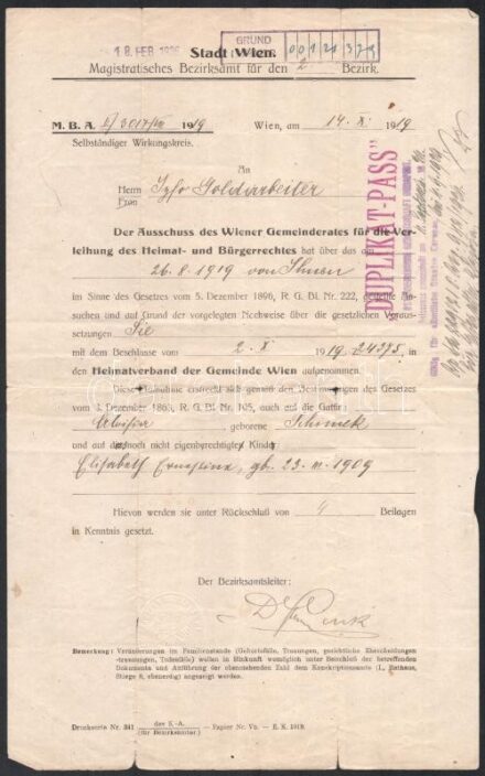 1919 Bécs, a 2. kerületi önkormányzat által kiállított hivatalos okirat, rajta későbbi bélyegzéssel ('Duplikat-Pass')