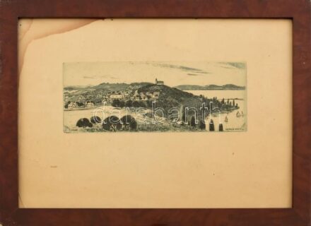 Csurgói Máté Lajos (1931-2001): Tihany, rézkarc, papír, jelzett a karcon, bal felső sarkában foltos, üvegezett fakeretben, 7,5×19 cm