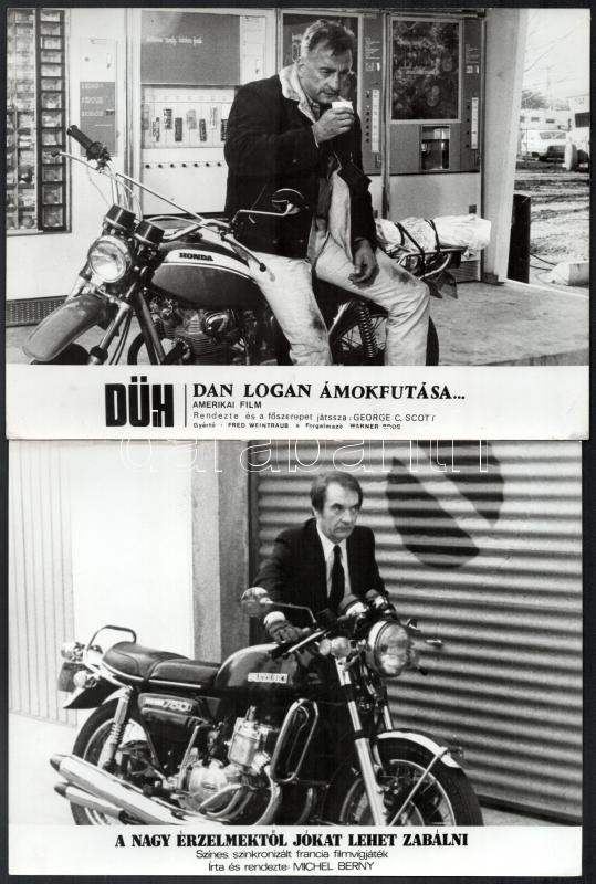 Különféle motorok, különféle filmekben, eltérő időpontokban, 5 db vintage produkciós filmfotó, ebből négy db ezüst zselatinos fotópapíron, egy kép ofszet nyomtatással kartonlapon, 18x24 cm