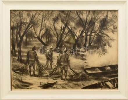 Bordás Ferenc (1911-1982): Halászok. Rézkarc, papír, jelzett, szakadással, üvegezett fakeretben, 28×39 cm