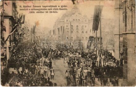 1907 Kassa, Kosice; II. Rákóczi Ferenc koporsójának a gyászkocsiról a székesegyházba való vitele Kassán 1906. október 29-én. Nyulászi Béla kiadása / the funeral (reburial) ceremony of Francis II Rákoczi (fa)