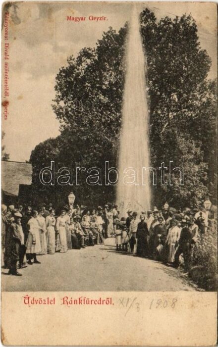 1908 Ránkfüred, Ránkherlány, Herlany; Magyar gejzír, Ránki szökőforrás. Fénynyomat Divald műintézetéből / Herliansky gejzír / cold water geyser (EK)