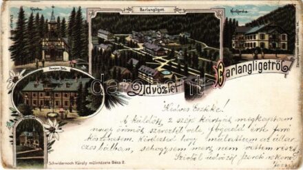 1901 Barlangliget, Höhlenhain, Tatranská Kotlina (Tátra, Magas Tátra, Vysoké Tatry); Kápolna, Barlangliget, Konkordia, Szepes-Béla, Tündérlak. Schwidernoch Károly műintézete / chapel, hotel, villas. Art Nouveau, floral, litho (kopott