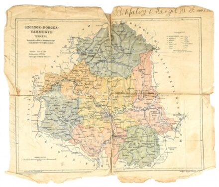 cca 1900 Szolnok-Doboka vármegye térképe, 1 : 300.000, Magyar Földrajzi Intézet Rt., vászonra kasírozva, sérült, viseltes állapotban, 43x36 cm