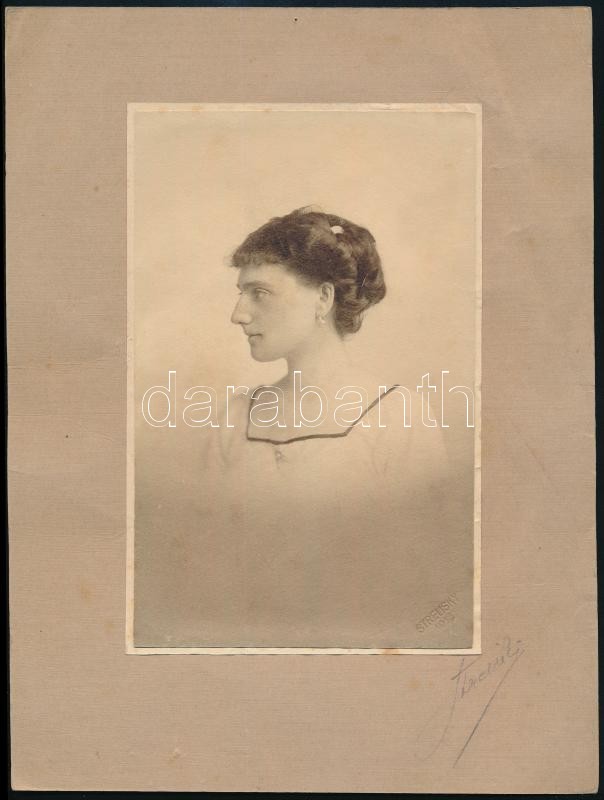 1911 Strelisky Sándor (1851-1922) császári és magyar királyi udvari fényképész műtermében készült vintage fotó, hidegpecséttel, aláírással jelzett, 18,8x12 cm, karton (törésvonalakkal) 27,5x21 cm