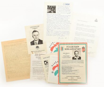 1990-es országgyűlési választással kapcsolatos papírrégiség, 16 db (szórólap, prospektus, meghívó, kisplakát, stb.)