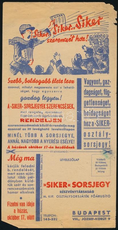 cca 1930-1940 Siker Sorsjegy kétoldalas reklám- és megrendelőlap, kissé sérült