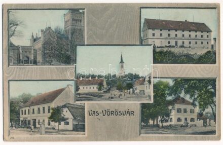 1908 Vasvörösvár, Rotenturm an der Pinka; Gróf Erdődy Gyula kastélya, Emília hengermalom, Templom tér, Vendégfogadó az Arany Szarvashoz, Pomper Ferenc üzlete és saját kiadása (Franz Pomper) / castle, mill, church, street view, hotel,