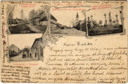 1901 Titel, Central szálloda, Fő utca, Polgári iskola, Kálvária hegy, Posta utca. Nonnenmacher Endre kiadása / Central-Hotel, Hauptgasse mit der Bürgerschule, Kalvarienberg, Postgasse / hotel, main street, school, calvary hill. Art Nouveau,
