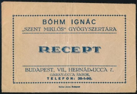 cca 1930 Bp., Bőhm Ignác 'Szent Miklós' Gyógyszertára receptboríték
