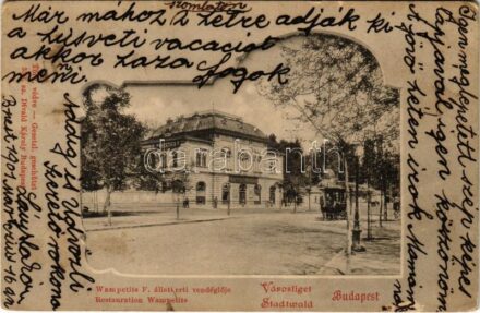 1901 Budapest XIV. Városliget, Wampetits F. állatkerti vendéglője, étterem, lóbusz Stollwerck reklámmal. Divald Károly 358. sz. (EK)
