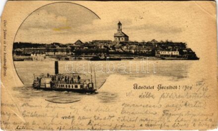 1900 Ercsi, látkép, gőzhajó. Déri János és Fia kiadása (vágott / cut)