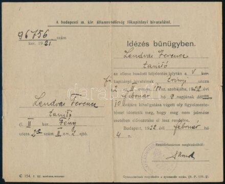 1922 Bp., a Budapesti M. Kir. Államrendőrség Főkapitányi Hivatalának idézése bűnügyben