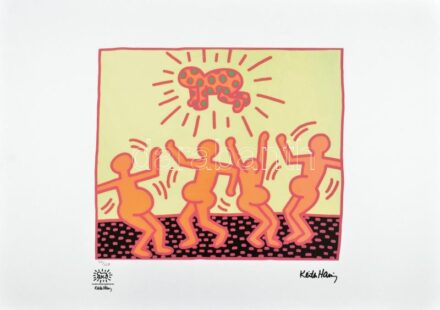 Keith Haring (1958-1990): Bálványimádók. Ofszet - lito papír, jelzett a nyomaton. Számozott: 27/150. Keith Haring Foundation szárazpecséttel jelzett. . Képméret 34x38 cm, Lapméret: 70x50 cm / Numbered, marked 70x50 cm